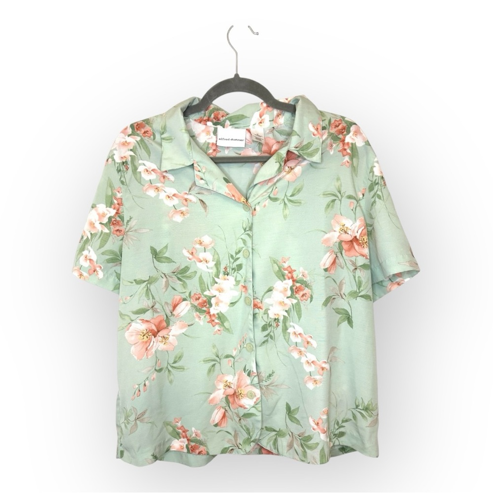 Alfred Dunner Tropical Floral Green Pink Button Shirt Resort Vacation Blouse 16